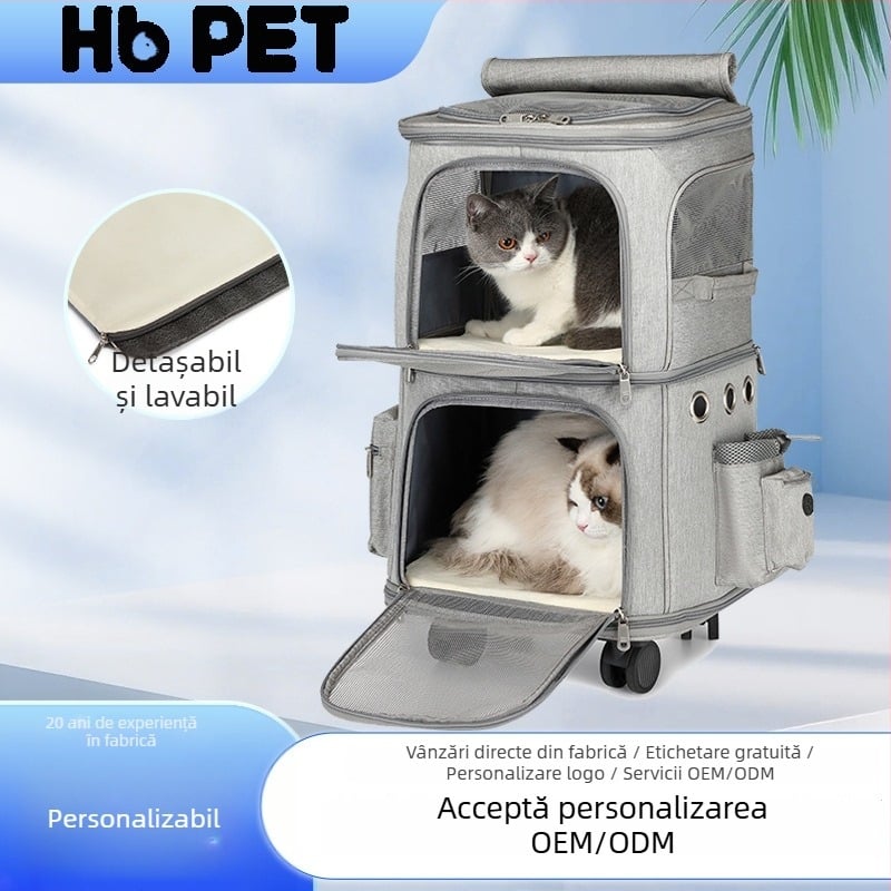 Hb Pets geantă pentru pisici cu două niveluri, pe roți, portabilă și pliabilă pentru călătorii în aer liber, personalizabilă