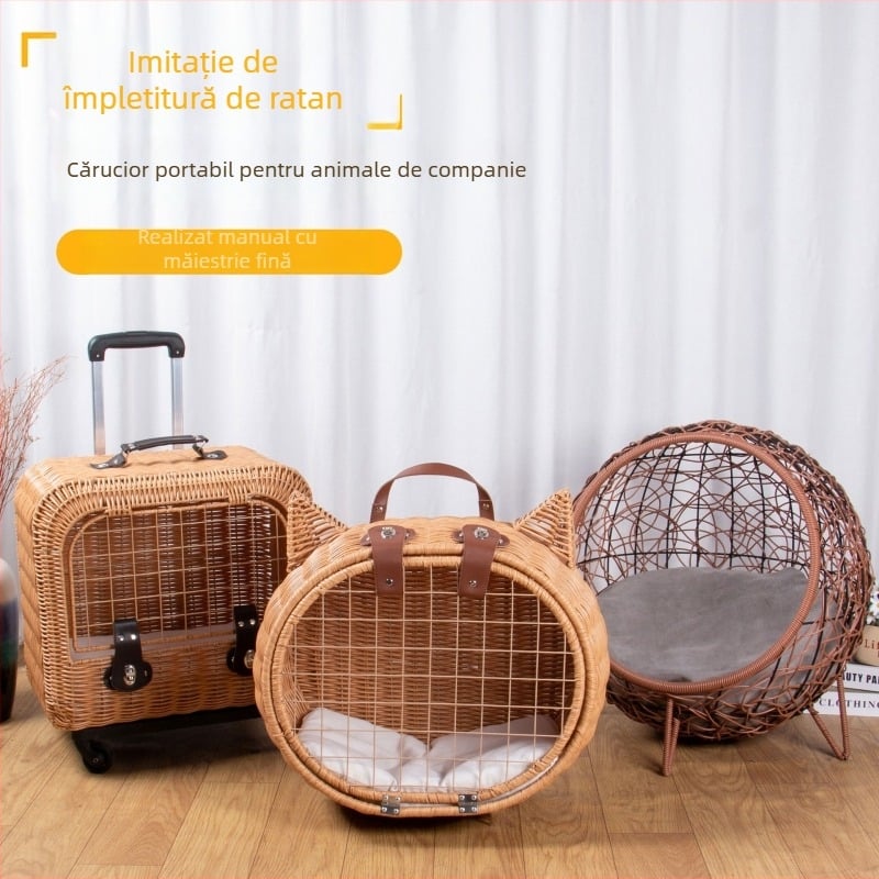 Carrier pentru pisici din răchită, aerisit, pentru călătorii cu mașina
