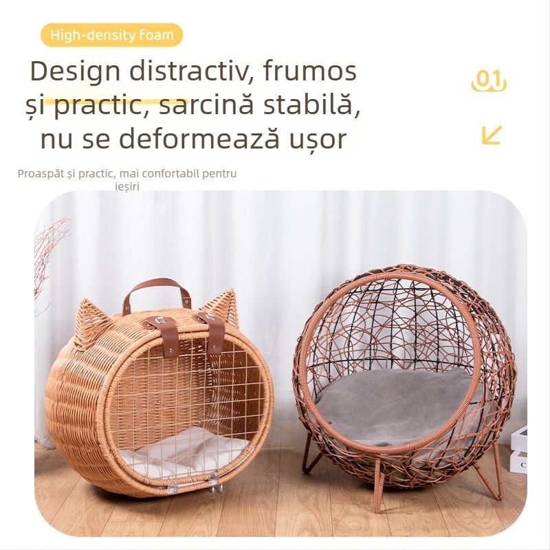 Carrier pentru pisici din răchită, aerisit, pentru călătorii cu mașina