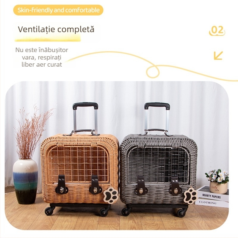 Carrier pentru pisici din răchită, aerisit, pentru călătorii cu mașina