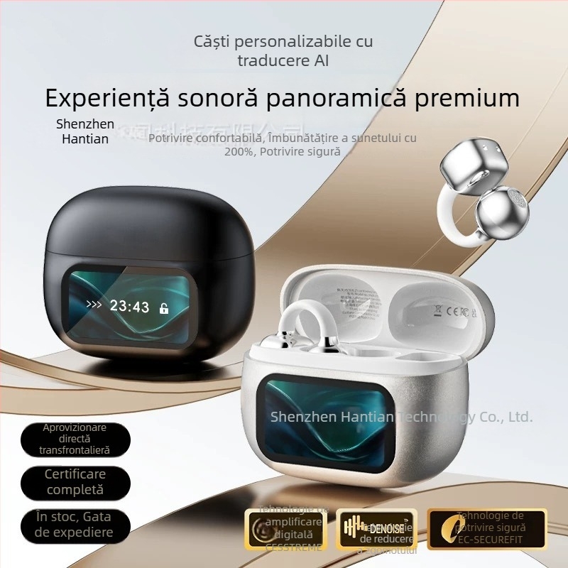 HY-C02 Căști Bluetooth cu clips pentru urechi, non-in-ear, ecran color inteligent, wireless, autonomie a bateriei de lungă durată