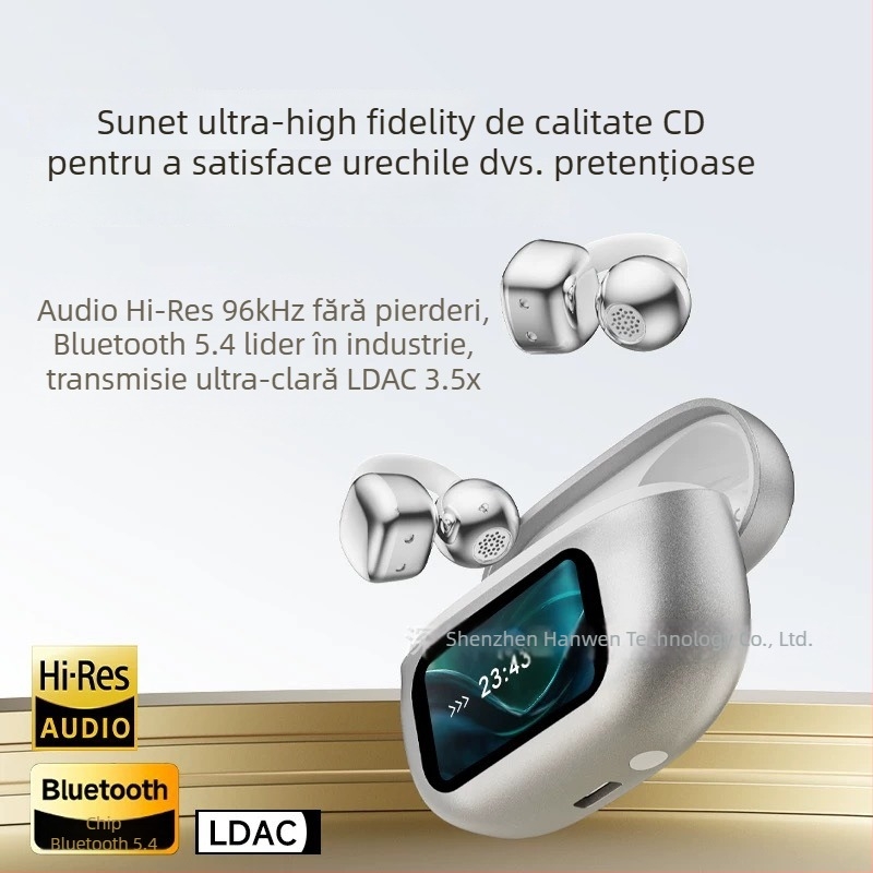 HY-C02 Căști Bluetooth cu clips pentru urechi, non-in-ear, ecran color inteligent, wireless, autonomie a bateriei de lungă durată