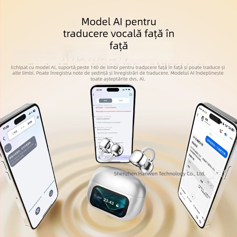 HY-C02 Căști Bluetooth cu clips pentru urechi, non-in-ear, ecran color inteligent, wireless, autonomie a bateriei de lungă durată
