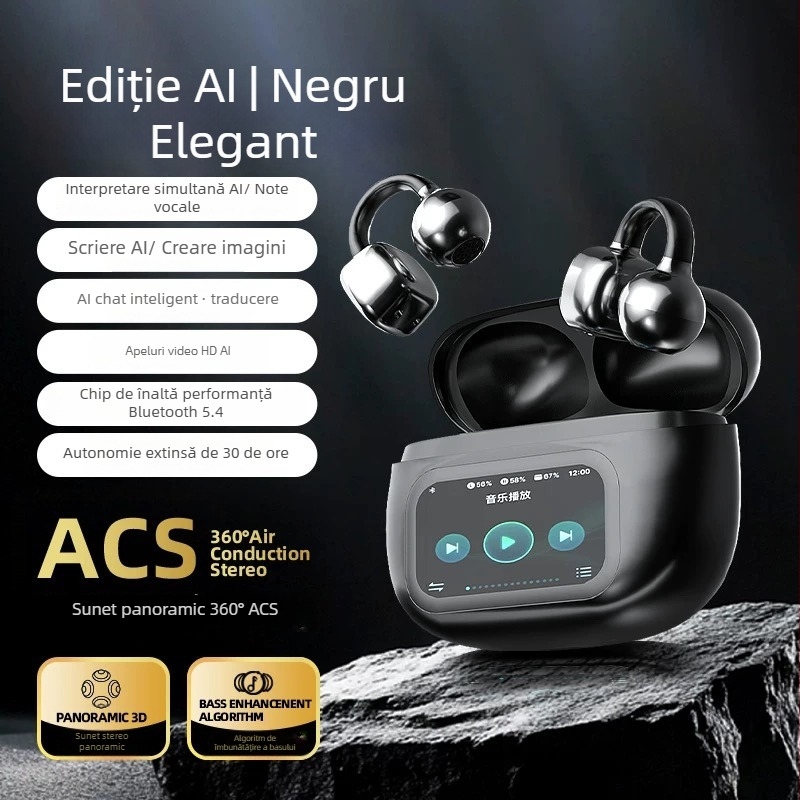 HY-C02 Căști Bluetooth cu clips pentru urechi, non-in-ear, ecran color inteligent, wireless, autonomie a bateriei de lungă durată