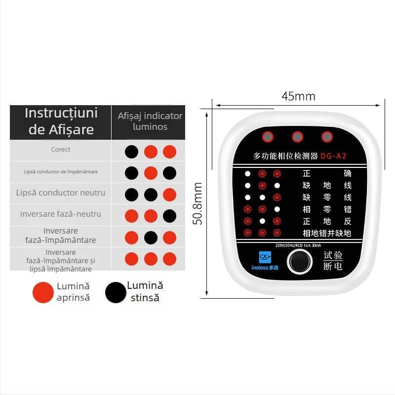 Detector de fază multifuncțional pentru prize, detector de fază pentru uz casnic și tester de scurgeri în instalații, model A2
