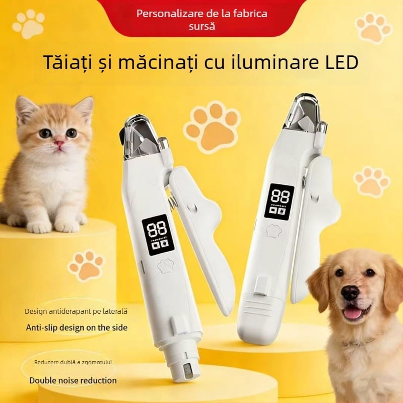 Tăietor de unghii electric 2 în 1 și pila pentru câini și pisici, cu lumină LED