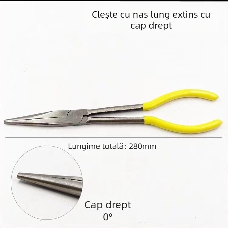 Clește de tip O, 11 inch, pentru cabluri auto, nas extins, vârf ascuțit, unghiuri de 45° și 90°
