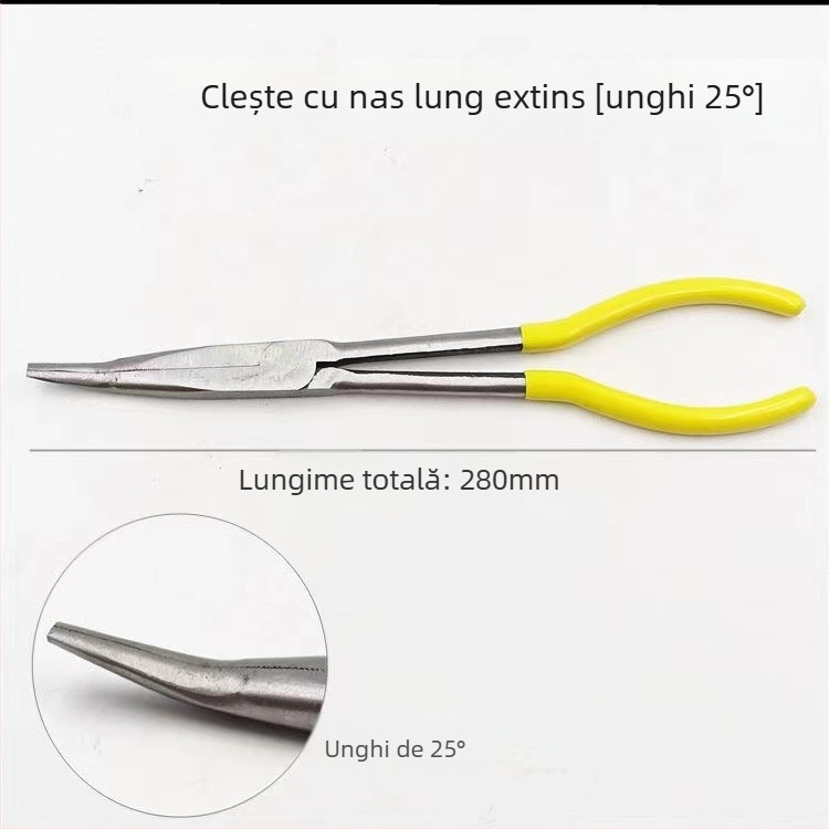 Clește de tip O, 11 inch, pentru cabluri auto, nas extins, vârf ascuțit, unghiuri de 45° și 90°