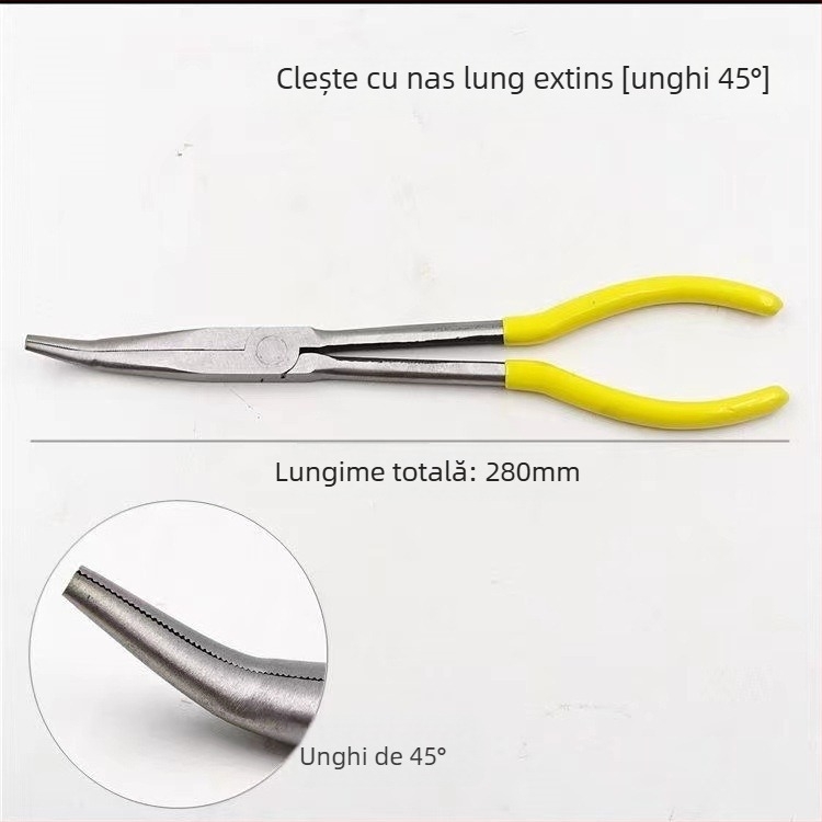 Clește de tip O, 11 inch, pentru cabluri auto, nas extins, vârf ascuțit, unghiuri de 45° și 90°
