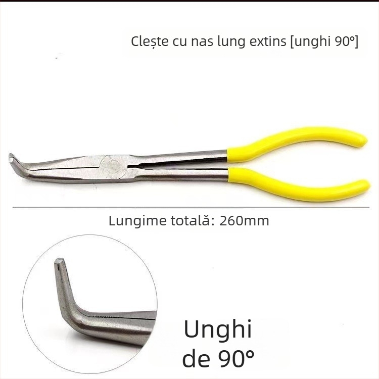 Clește de tip O, 11 inch, pentru cabluri auto, nas extins, vârf ascuțit, unghiuri de 45° și 90°