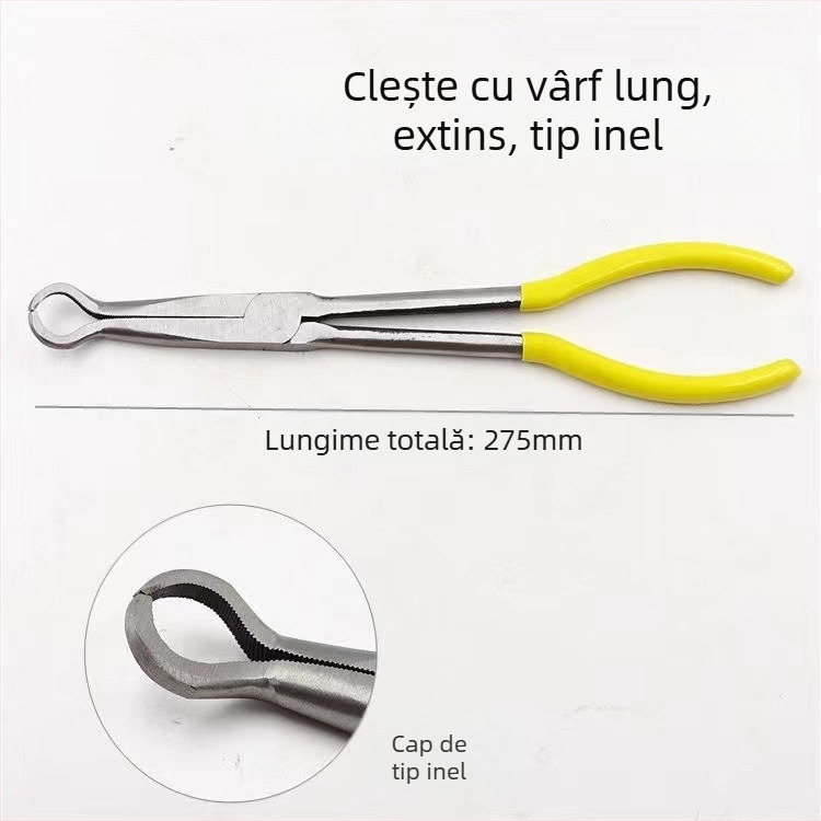 Clește de tip O, 11 inch, pentru cabluri auto, nas extins, vârf ascuțit, unghiuri de 45° și 90°