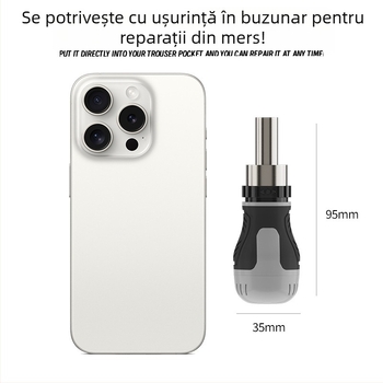 Șurubelniță cu clichet, capete Phillips și drept, magnetică, mâner scurt, compactă, vârf în formă de morcov