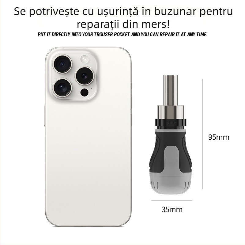 Șurubelniță cu clichet, capete Phillips și drept, magnetică, mâner scurt, compactă, vârf în formă de morcov