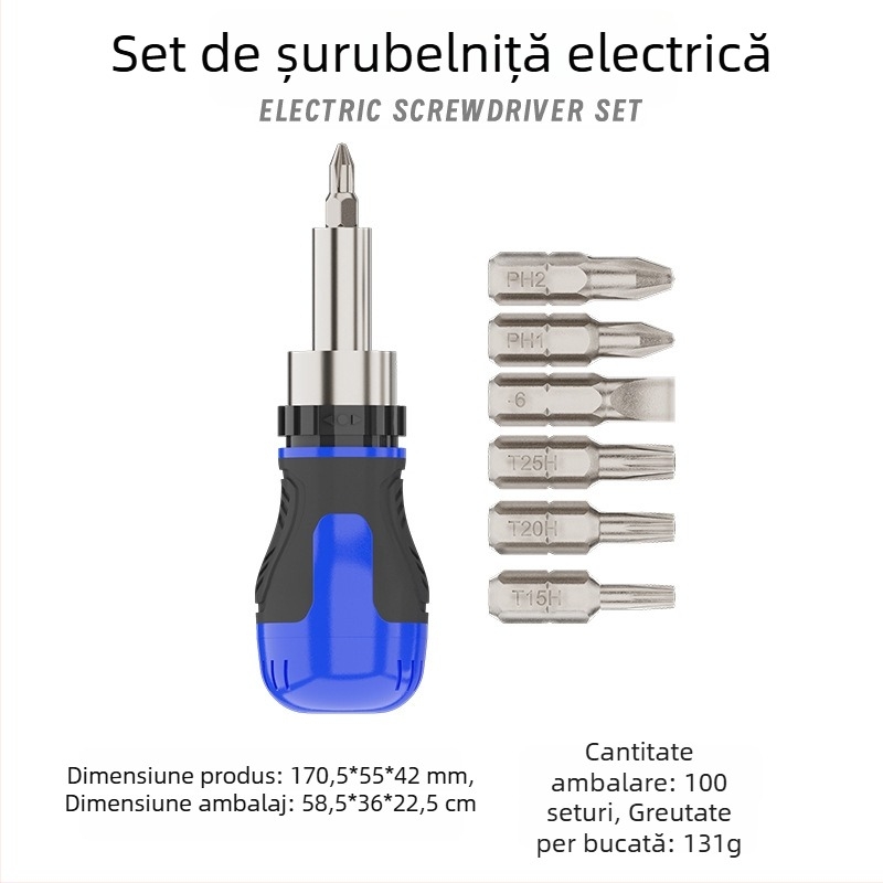 Șurubelniță cu clichet, capete Phillips și drept, magnetică, mâner scurt, compactă, vârf în formă de morcov