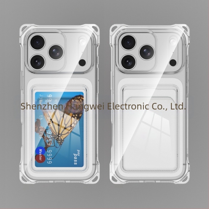 Carcasă card holder cu patru colțuri, anti-șoc, transparentă, pentru Apple iPhone 17 Pro Max, compatibil cu iPhone 16/15P, cu slot pentru card și orificiu pentru șnur