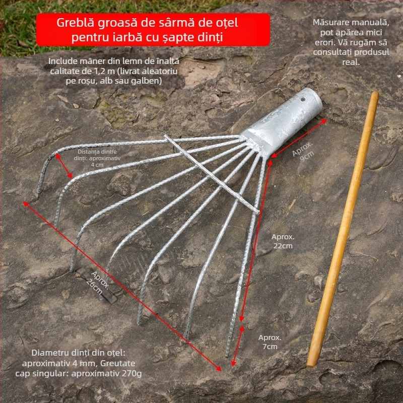 Greblă galvanizată cu mâner din lemn pentru curățarea grădinii, gazonului și îndepărtarea frunzelor