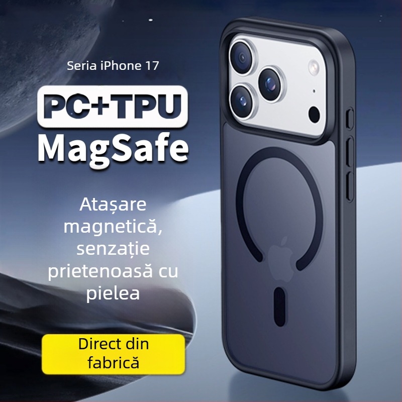 Carcasă mată pentru iPhone 17 Pro, textură de piele, decupaje mari, protecție magnetică anti-cădere