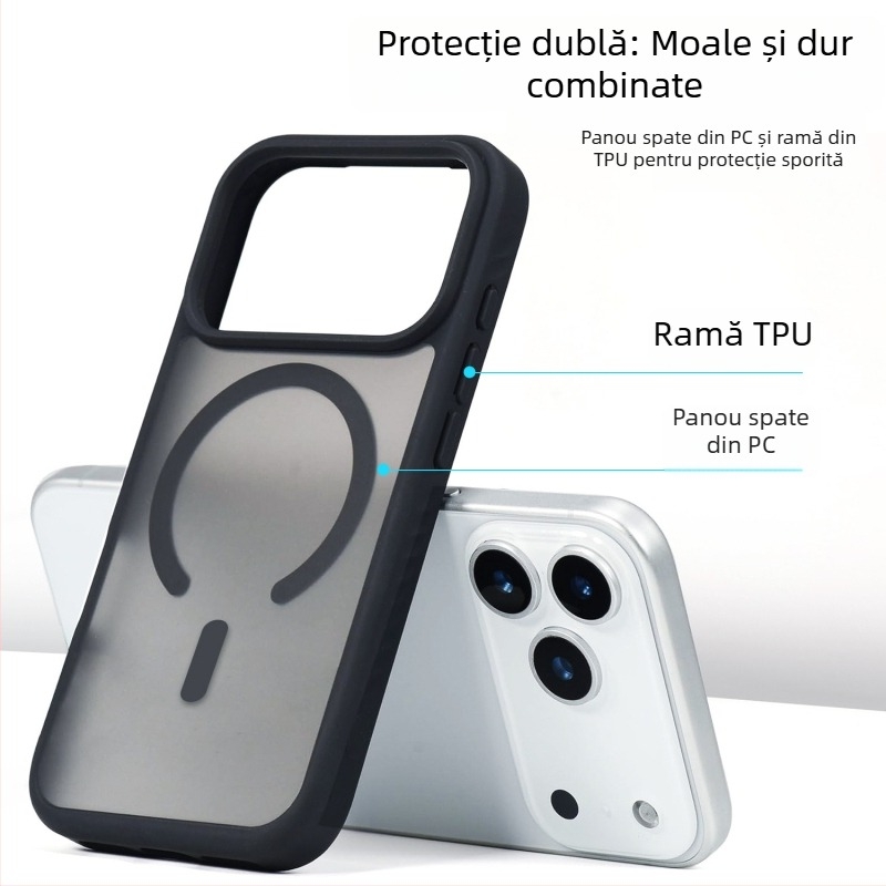 Carcasă mată pentru iPhone 17 Pro, textură de piele, decupaje mari, protecție magnetică anti-cădere
