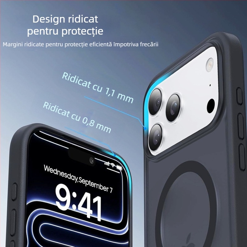 Carcasă mată pentru iPhone 17 Pro, textură de piele, decupaje mari, protecție magnetică anti-cădere