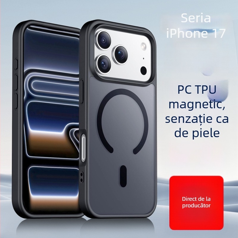 Carcasă mată pentru iPhone 17 Pro, textură de piele, decupaje mari, protecție magnetică anti-cădere