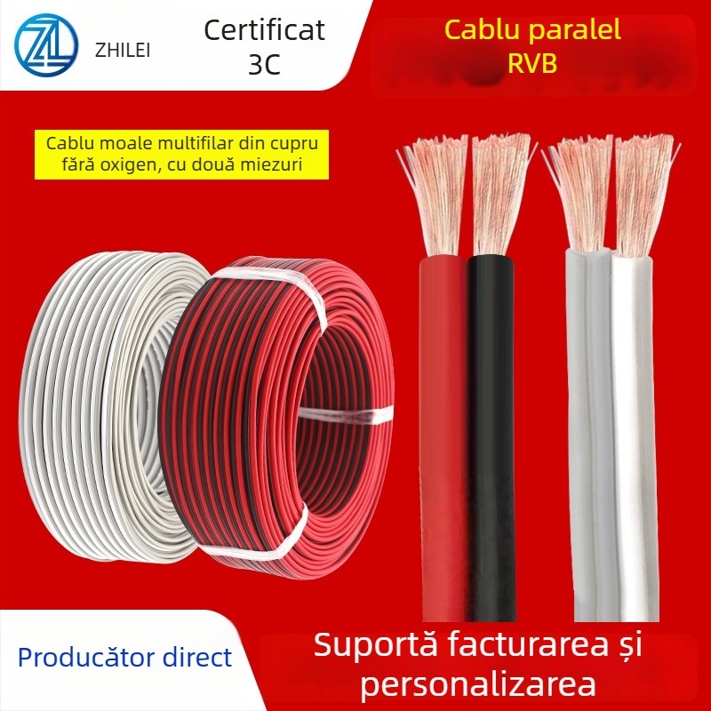 Sârmă din cupru pur roșu și negru, cu nucleu RVB2, cablu paralel gri-alb, cablu de alimentare paralel pentru bandă LED și cap de lampă