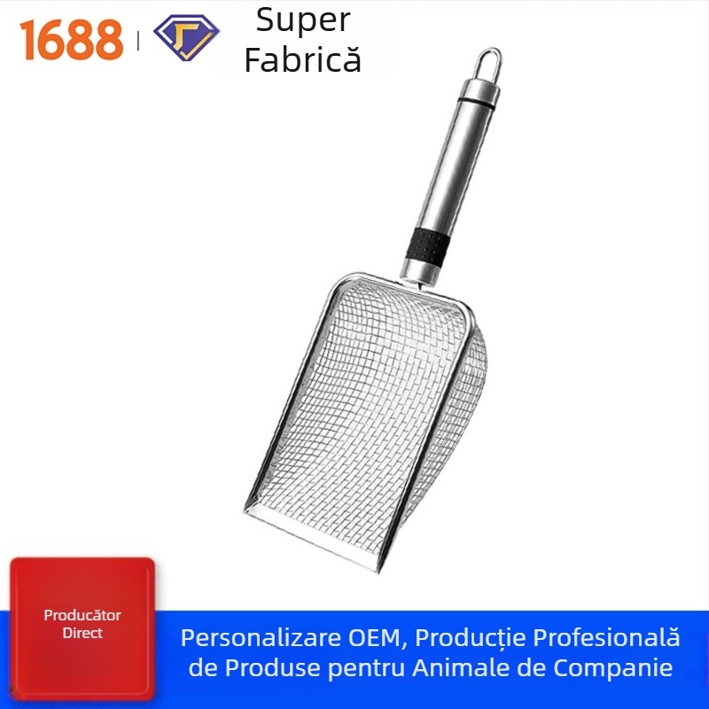 Lopățică pentru nisip de pisică din oțel inoxidabil, plasă fină, mâner tubular, 6 găuri de 3,8×3,8 mm