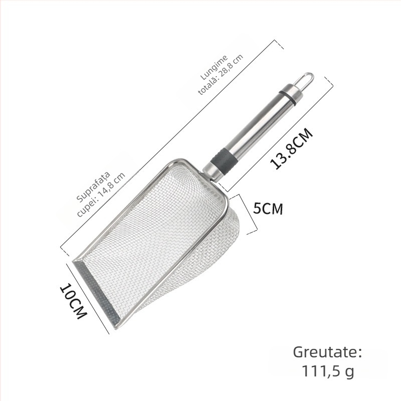 Lopățică pentru nisip de pisică din oțel inoxidabil, plasă fină, mâner tubular, 6 găuri de 3,8×3,8 mm