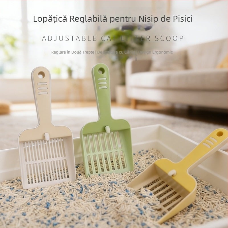 Lingură de nisip pentru pisici, din plastic, reglabilă, cu două găuri, pentru nisip de tofu și bentonită