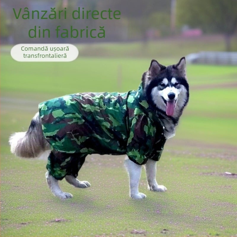 Pelerină de ploaie camuflată cu patru picioare pentru câini mari, haină impermeabilă pentru animale de companie, potrivită până la 45 kg