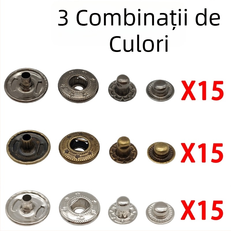45 de seturi de nasturi pentru haine și piele – set de montaj cu presiune pentru nasturi ascunși, fără cusut, nasturi metalici 831 cu patru părți