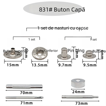 Set de instalare capse metalice pentru piele, 72 de piese, 831 – fără cusut, pentru haine și capse ascunse