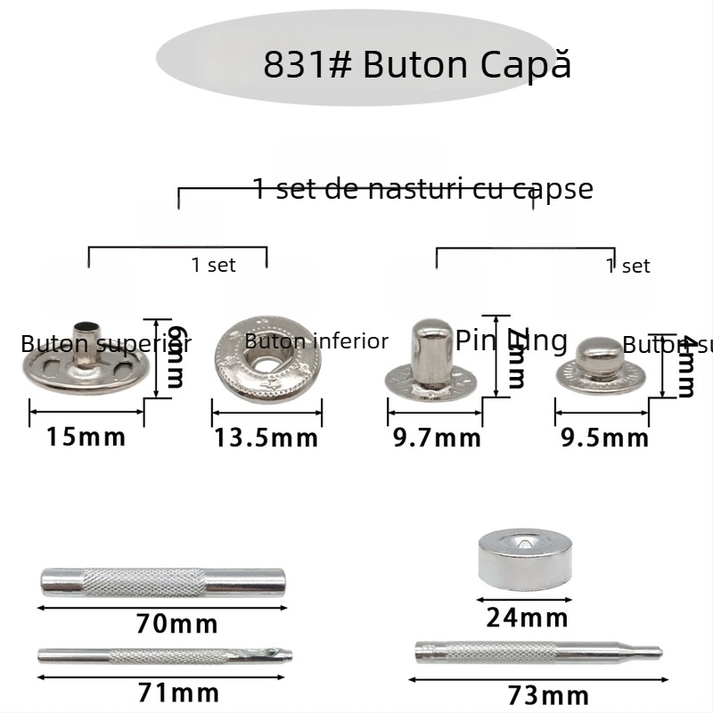 Set de instalare capse metalice pentru piele, 72 de piese, 831 – fără cusut, pentru haine și capse ascunse