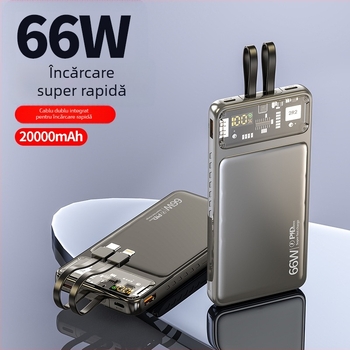 Power Bank 66W 20000mAh cu cablu integrat pentru încărcare rapidă, ultra-subțire, transparent, compatibil cu iPhone 17
