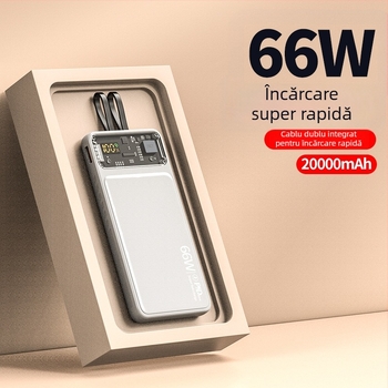 Power Bank 66W 20000mAh cu cablu integrat pentru încărcare rapidă, ultra-subțire, transparent, compatibil cu iPhone 17