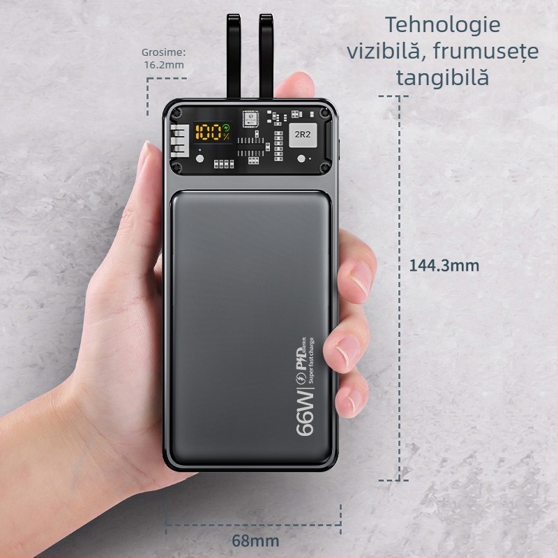 Power Bank 66W 20000mAh cu cablu integrat pentru încărcare rapidă, ultra-subțire, transparent, compatibil cu iPhone 17
