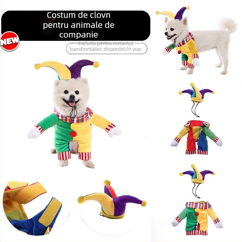 Costum clovn 3D pentru câini mici — transformare de Halloween, îmbrăcăminte creativă pentru animale de companie
