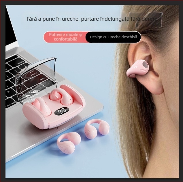 Căști Bluetooth TWS cu clips pentru urechi, carcasă de încărcare, afișaj digital, design sport, conducție prin aer