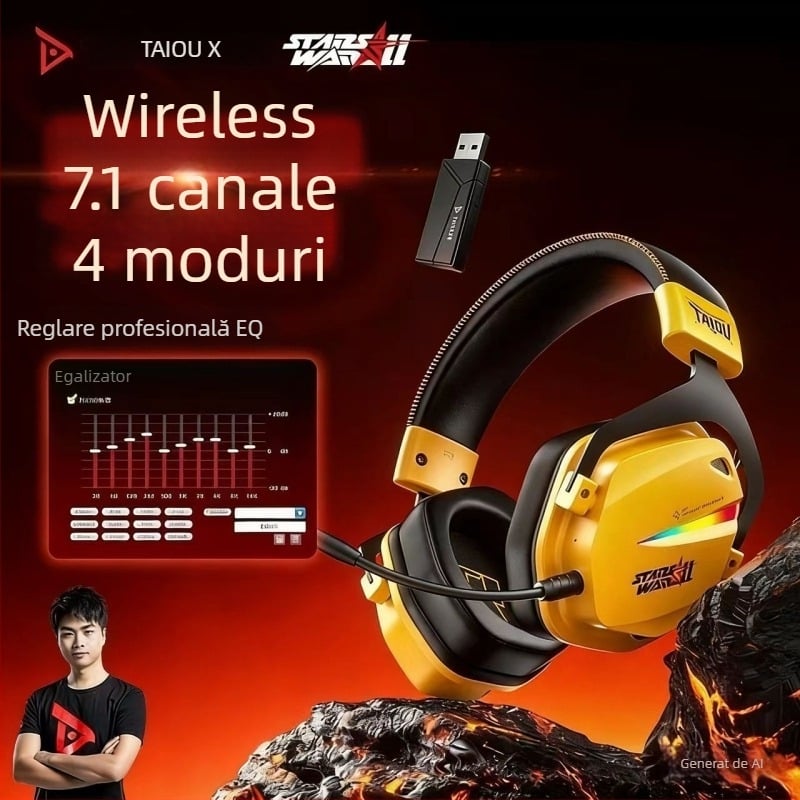 Titanium THS326 Căști de gaming wireless, peste urechi, Bluetooth, patru moduri, 2,4 GHz, autonomie lungă a bateriei