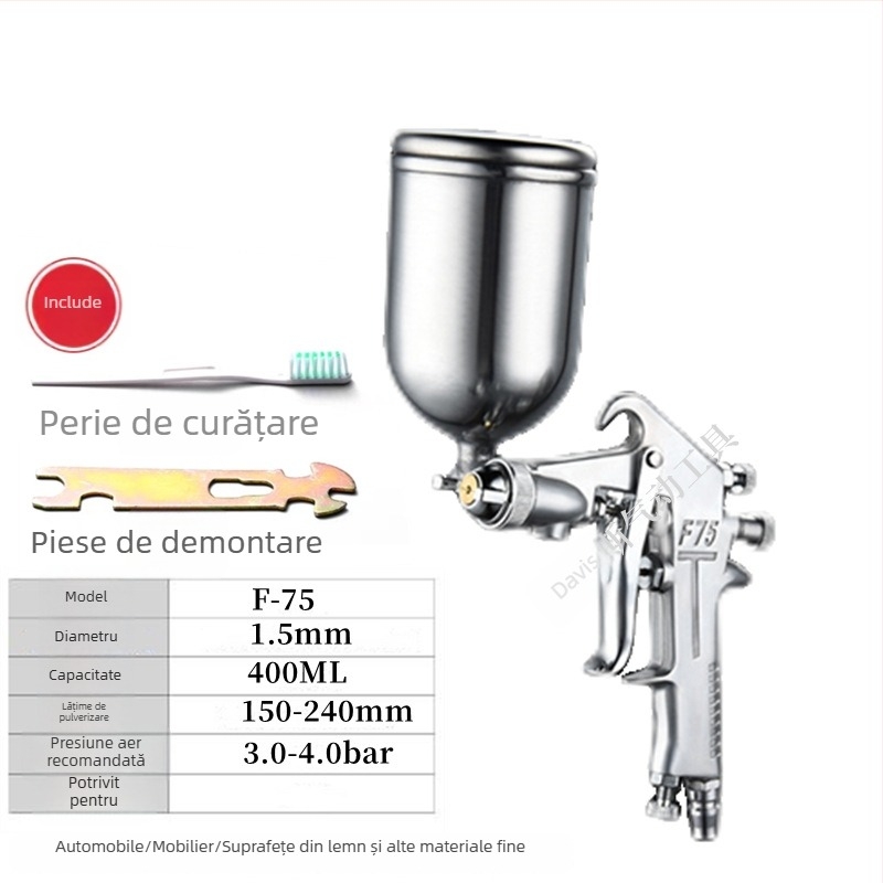 Pistol de vopsit F75 cu W71, pneumatic, rezervor superior și inferior, pentru mobilier și vopsele auto, atomizare înaltă, model E18