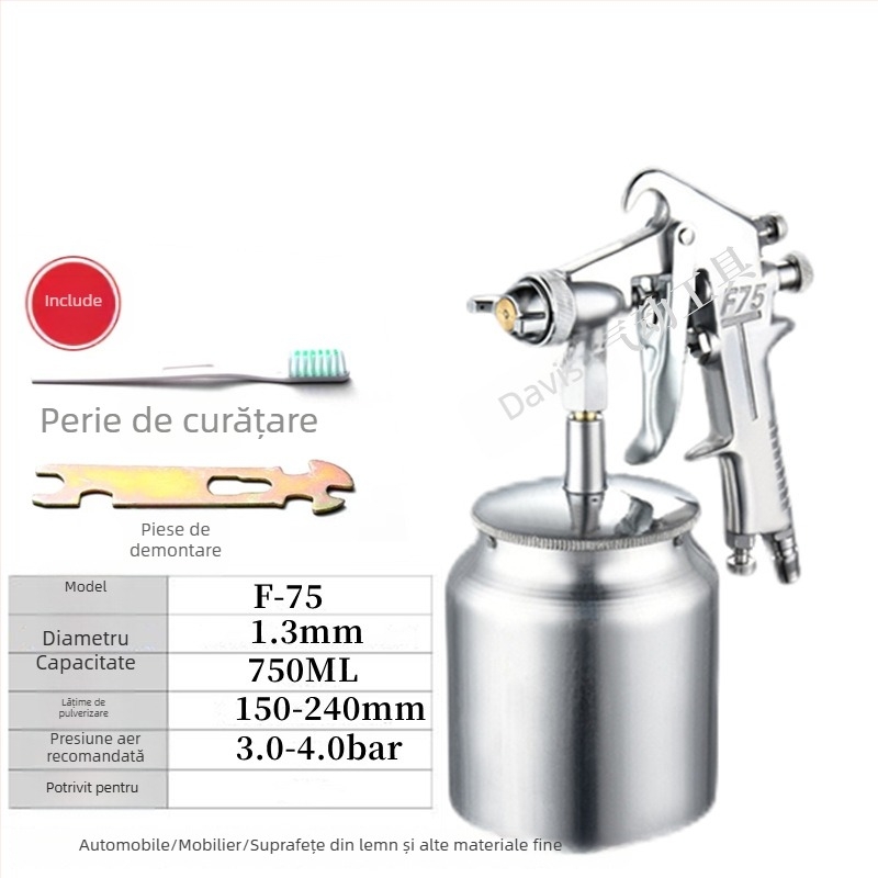 Pistol de vopsit F75 cu W71, pneumatic, rezervor superior și inferior, pentru mobilier și vopsele auto, atomizare înaltă, model E18