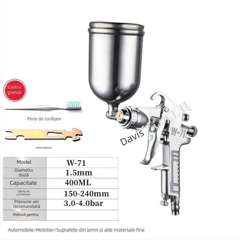 Pistol de vopsit F75 cu W71, pneumatic, rezervor superior și inferior, pentru mobilier și vopsele auto, atomizare înaltă, model E18