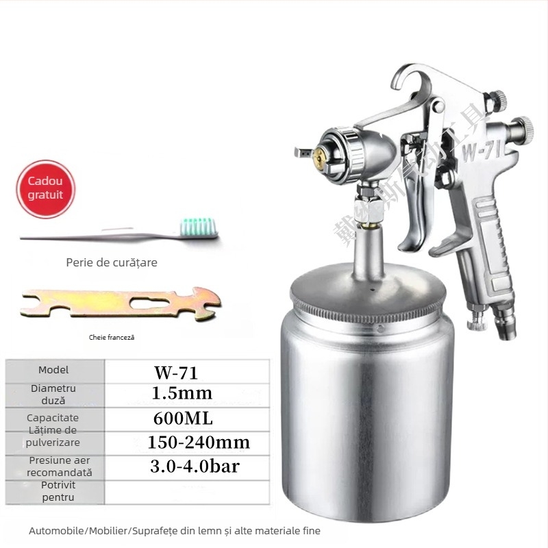 Pistol de vopsit F75 cu W71, pneumatic, rezervor superior și inferior, pentru mobilier și vopsele auto, atomizare înaltă, model E18