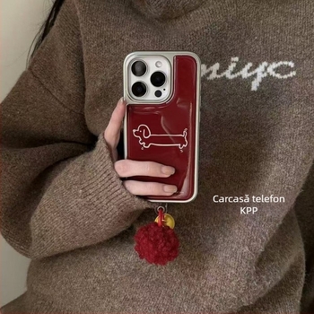 Carcasă din silicon roșu bordo pentru iPhone, cu ilustrație cu un cățeluș drăguț, stil Instagram japonez/koreean, finisaj mat, protecție anti-șoc, compatibil cu iPhone 13/14/15/16 Pro/Pro Max.