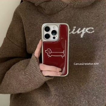 Carcasă din silicon roșu bordo pentru iPhone, cu ilustrație cu un cățeluș drăguț, stil Instagram japonez/koreean, finisaj mat, protecție anti-șoc, compatibil cu iPhone 13/14/15/16 Pro/Pro Max.
