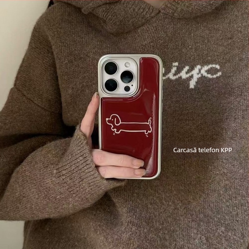 Carcasă din silicon roșu bordo pentru iPhone, cu ilustrație cu un cățeluș drăguț, stil Instagram japonez/koreean, finisaj mat, protecție anti-șoc, compatibil cu iPhone 13/14/15/16 Pro/Pro Max.