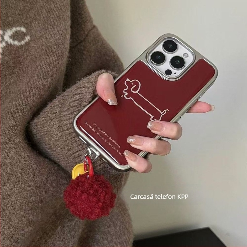 Carcasă din silicon roșu bordo pentru iPhone, cu ilustrație cu un cățeluș drăguț, stil Instagram japonez/koreean, finisaj mat, protecție anti-șoc, compatibil cu iPhone 13/14/15/16 Pro/Pro Max.