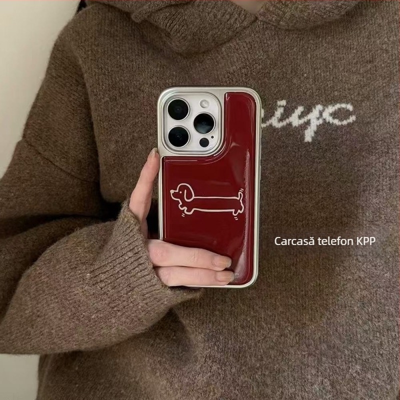 Carcasă din silicon roșu bordo pentru iPhone, cu ilustrație cu un cățeluș drăguț, stil Instagram japonez/koreean, finisaj mat, protecție anti-șoc, compatibil cu iPhone 13/14/15/16 Pro/Pro Max.