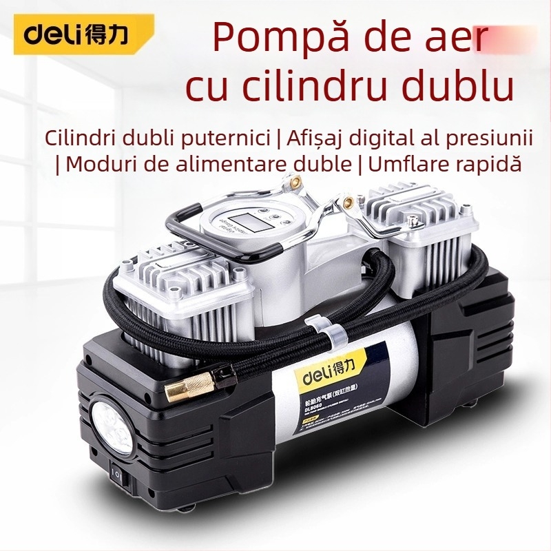 Deli pompă de pneu auto cu două cilindri, portabilă, presiune înaltă, putere mare