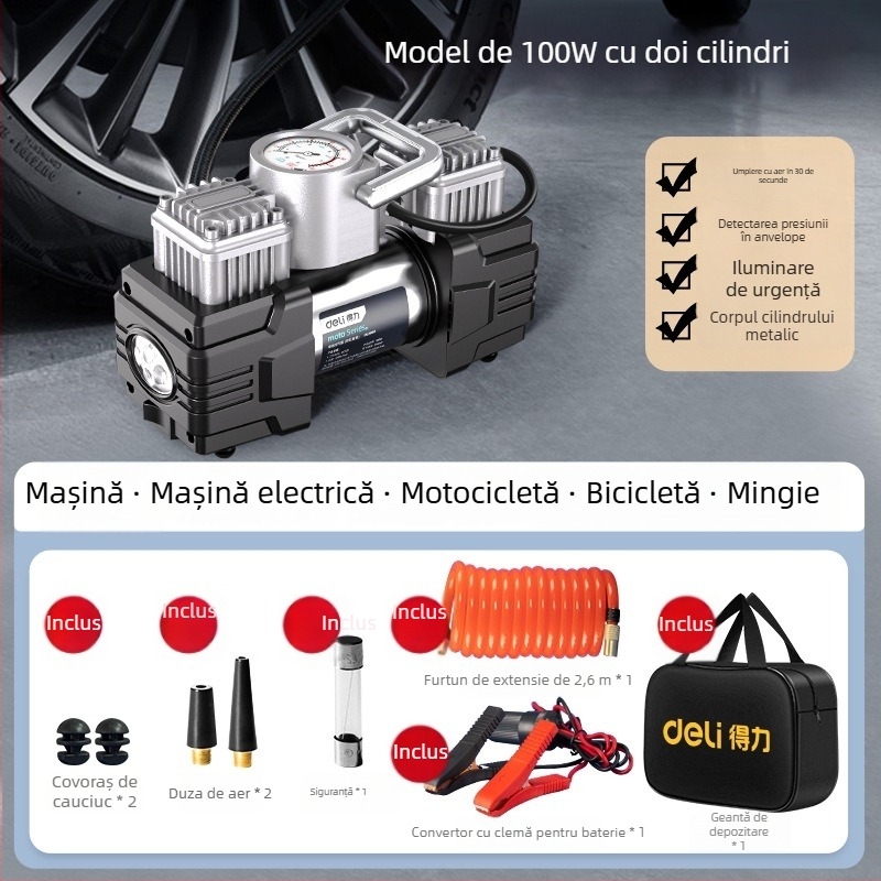 Deli pompă de pneu auto cu două cilindri, portabilă, presiune înaltă, putere mare