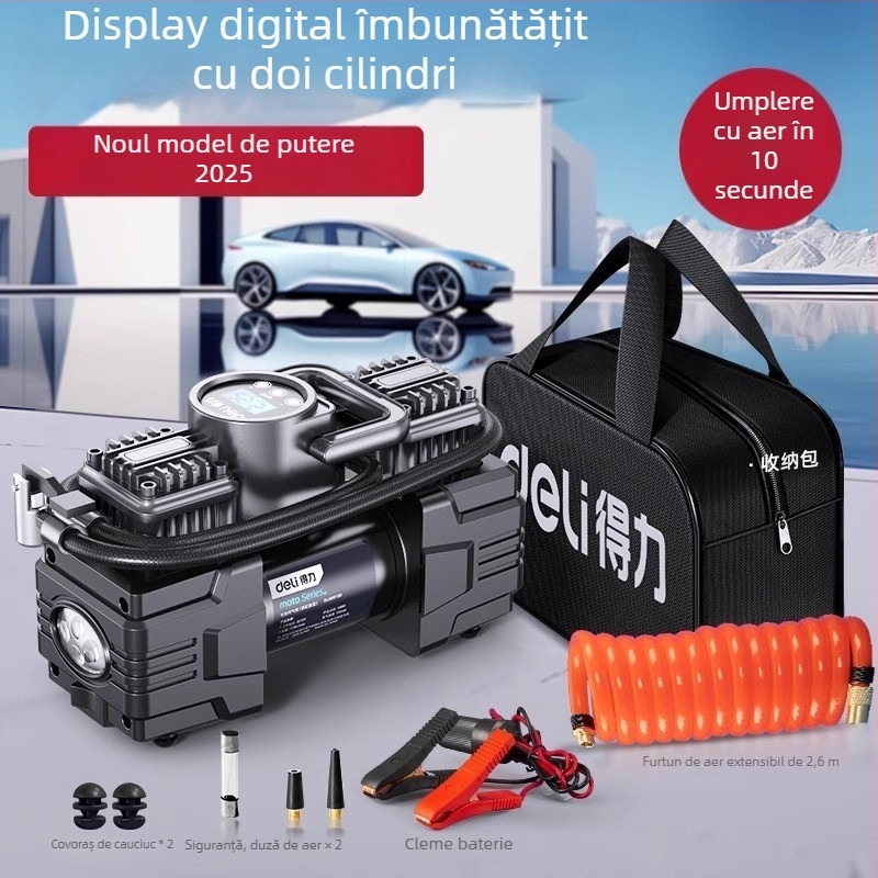 Deli pompă de pneu auto cu două cilindri, portabilă, presiune înaltă, putere mare